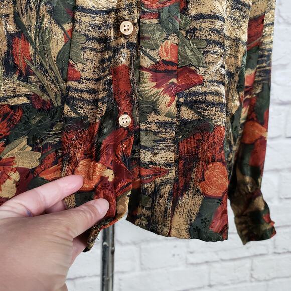 Vintage High Neck Gold Red Green Polyester Blouse Sz 6 - Picture 6 of 14